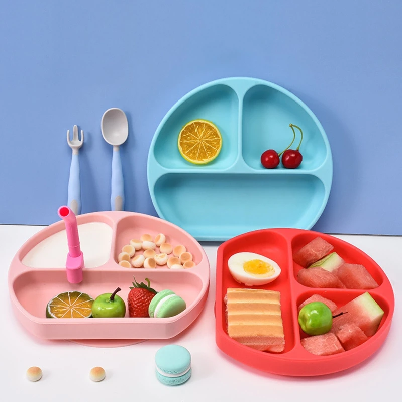 

Baby Plate Divided Sucker Bowl with Straw 3 Grid Silicone Feeding Dish Tableware