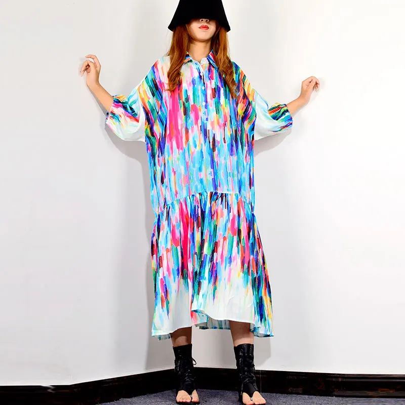 

XITAO Print Multi Color Striped Draped Hem Midi Length Dress Women 2019 Casual Plus Size Bating Sleeve Turn Down Collar WBB4072