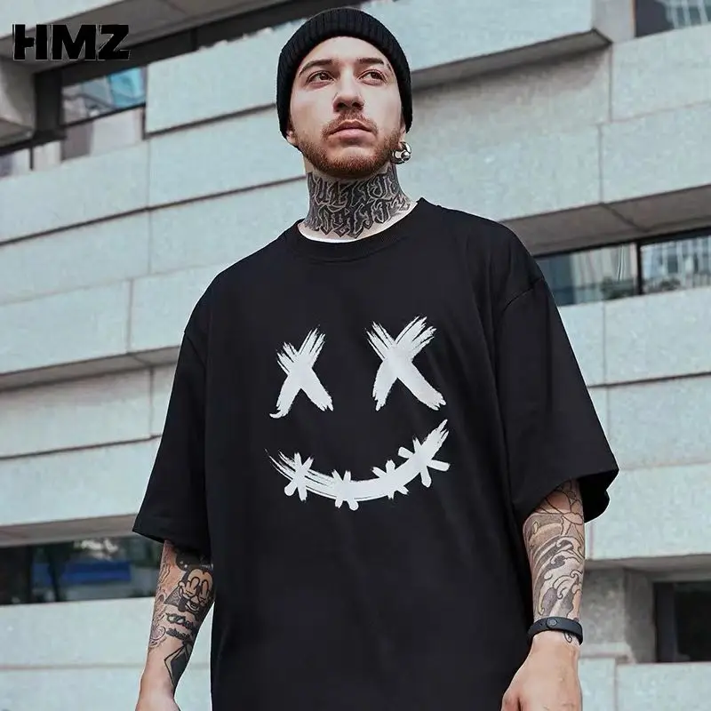 

HMZ Cotton T Shirt Oversized Streetwear Men Smiley Print Short-Sleeved T-shirt Hip Hop Men Summer Casual Loose Tees Men Clothes