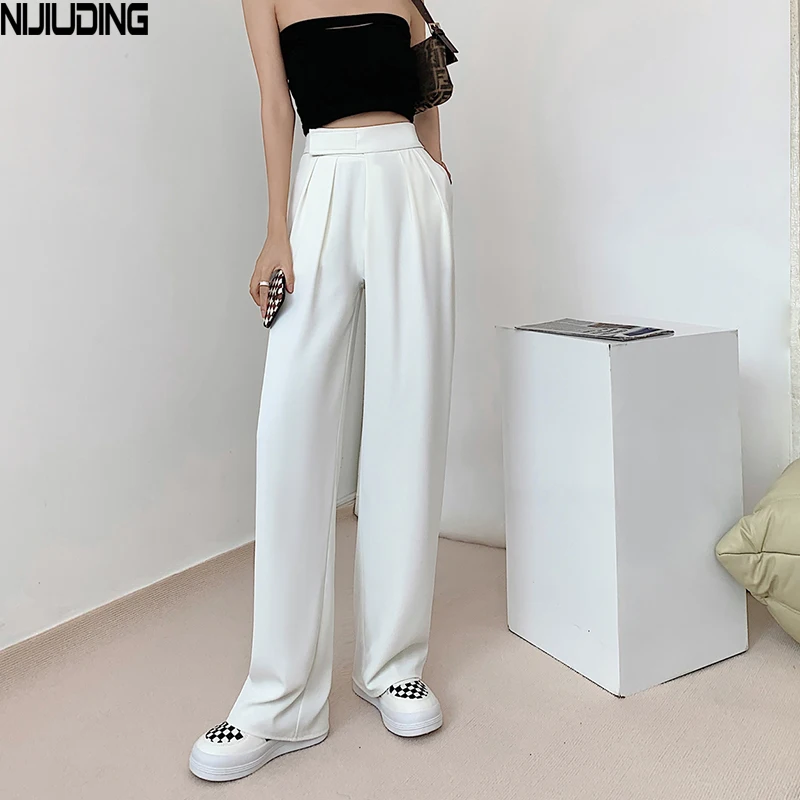 

2021 New Autumn Women Velcro Elastic High Waist Wide Leg Pants Summer Anti-wrinkle Loose Straight Pant Female Long Trousers