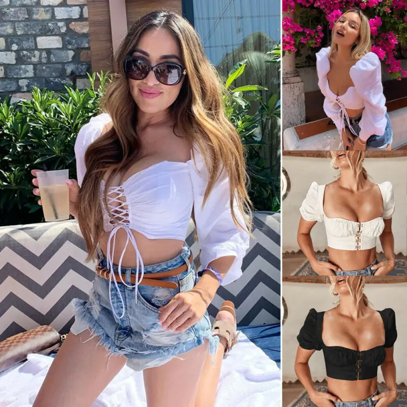 Женские пикантные топы с квадратным вырезом блузка длинными рукавами-фонариками