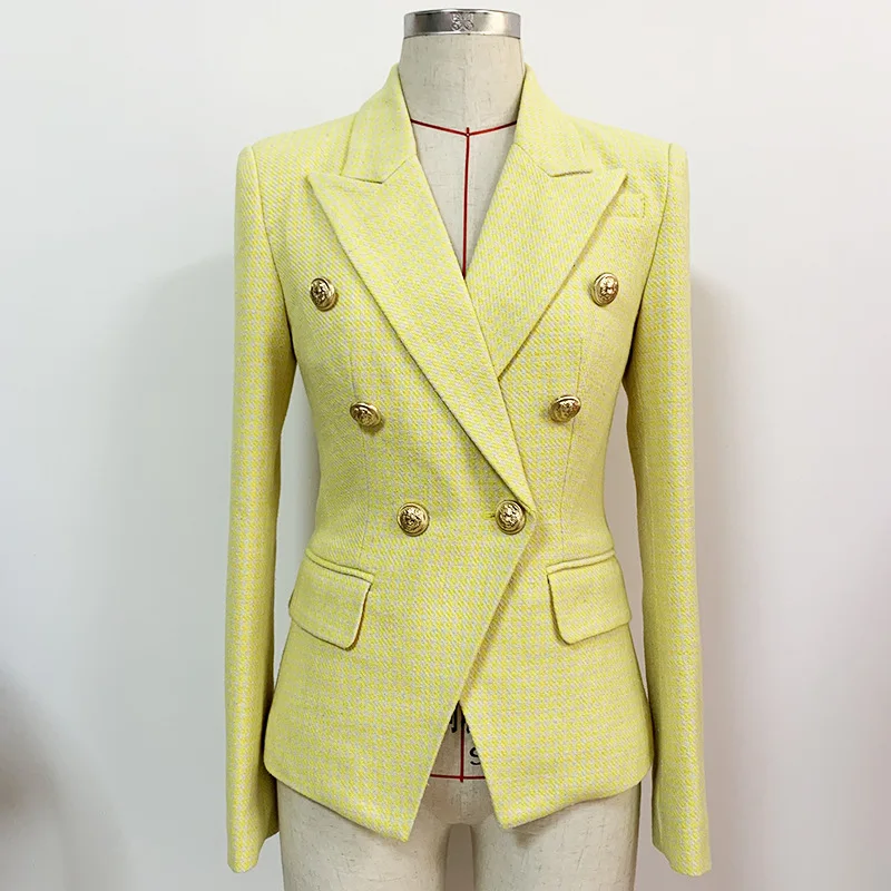 LXUNYI Women Blazer With Gold Button Spring Autumn Double Breasted Slim Office Womens Blazers Houndstooth Plaid Suit jacket