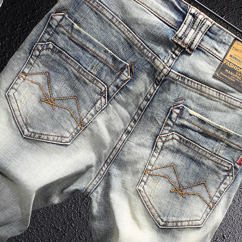 Italian Style Fashion Men Jeans Retro Distressed Elastic Slim Fit Ripped Jeans Men Scratch Vintage Designer Casual Denim Pants