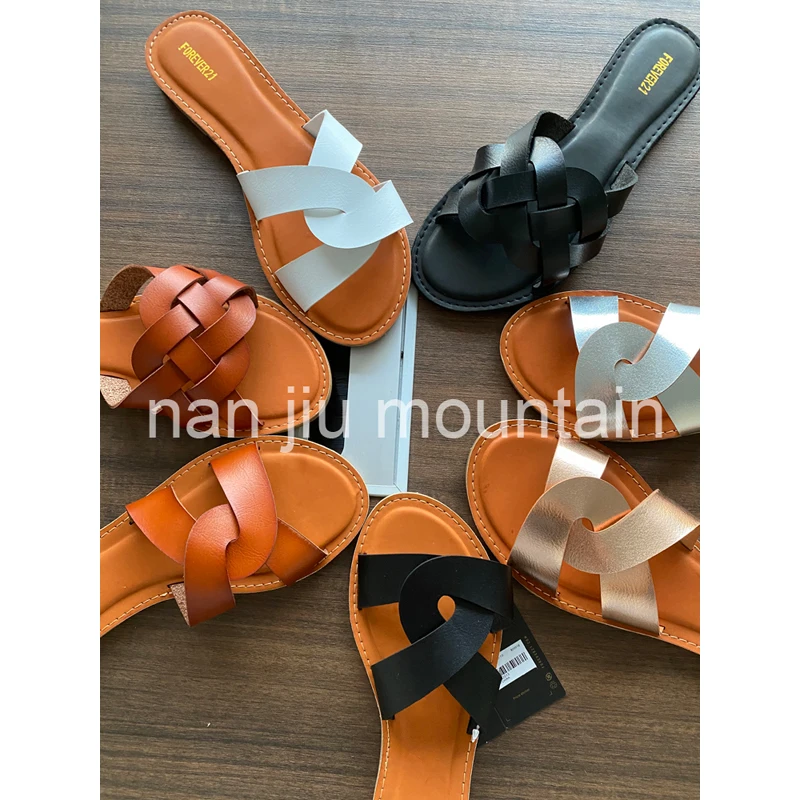 

NAN JIU MOUNTAIN Flat Sandals Summer Women's Slippers Leather Comfortable Sole Cross Weave 8 Colors Woman Shoes Solid Color