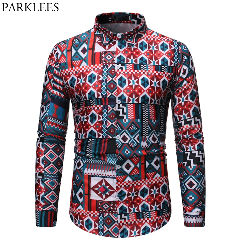 Модная мужская рубашка с геометрическим принтом новинка 2019 брендовая