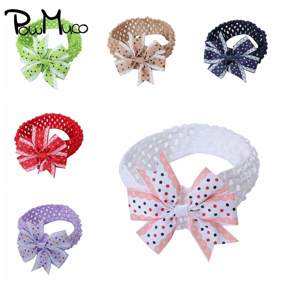 

Powmuco Infant Cute Dots Print Grosgrain Ribbon Bows Knitting Elastic Hairband Fashion Bowknot Crochet Headband Kids Accessories