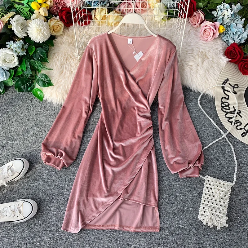 Женское бархатное платье с V образным вырезом и длинным рукавом|Женские платья| |