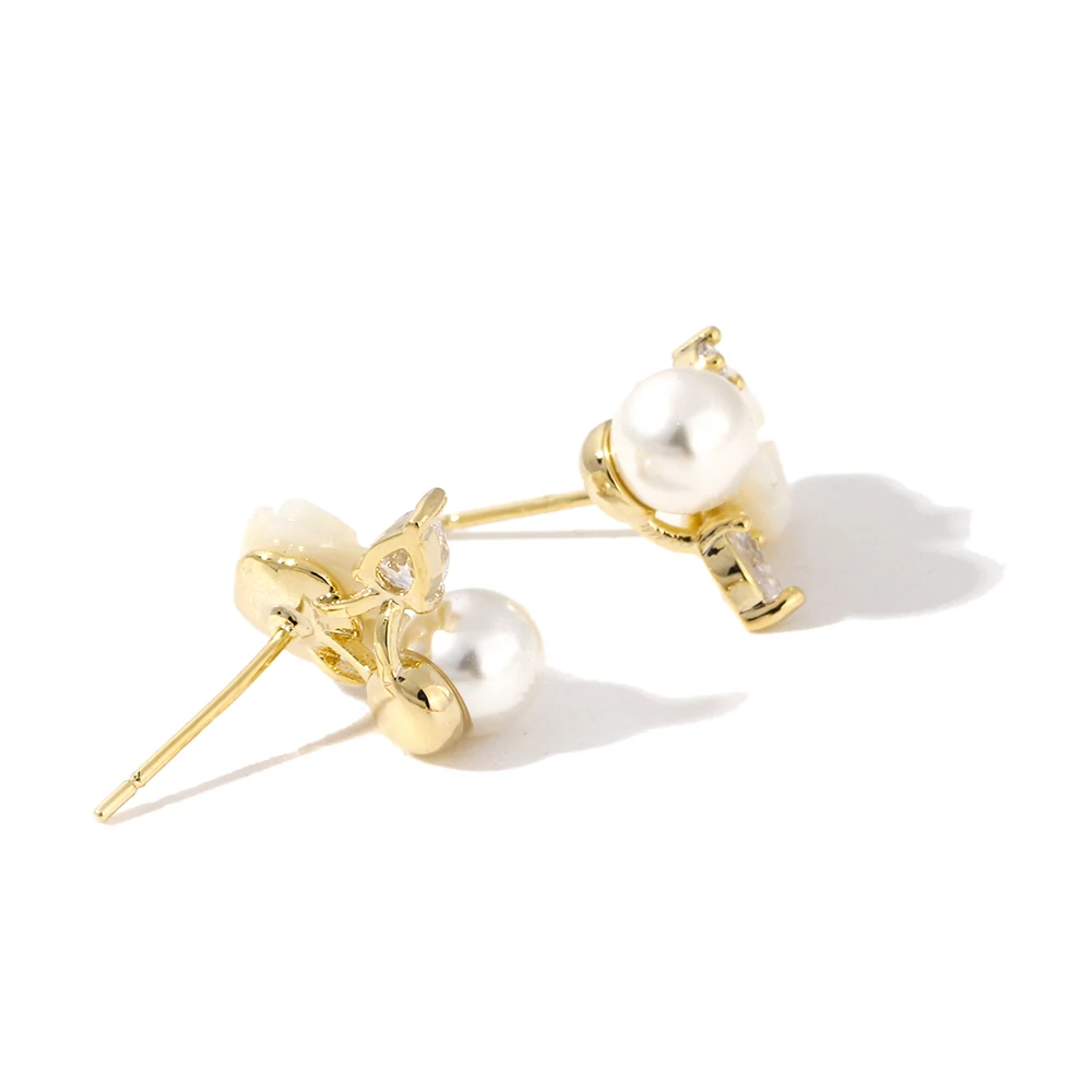 YMYW Natural Shell Flower Stud Earrings Sweet Imitation Pearl Temperament Shiny Cubic Zirconia Jewelry for Women Gift | Украшения и