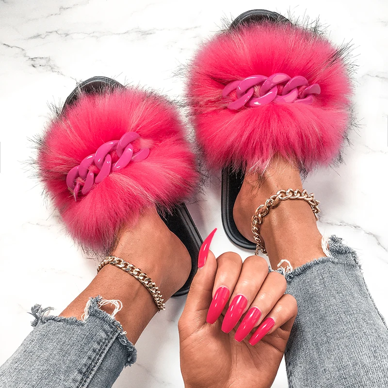 Fluffy Flip Flops Faux Furry Fur Slippers Cute Female Fur slides Designer Shiny Chain Women Fashion Shoes Home Beach Slippers
