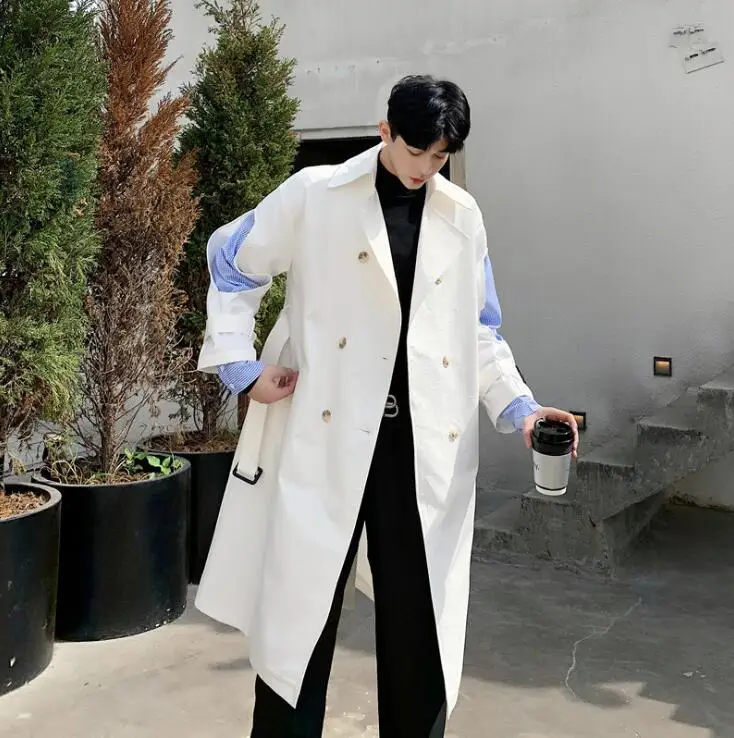 Mens trench coats man striped sleeve hollow middle length coat men Double breasted clothes splicing overcoat long sleeve white