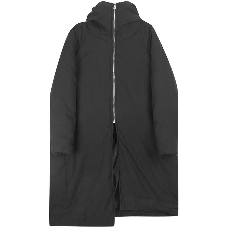 

S-XL !Winter Yamamoto style dark black personality asymmetrical design men's long loose loose hooded cotton coat.