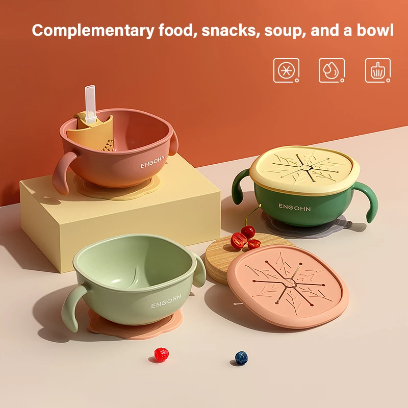 

3in1 Baby Feeding/Snack/Soup Bowl with Straw Infant Learning Dishes Suction Bowl Handle Tableware Petal Snack Bowl