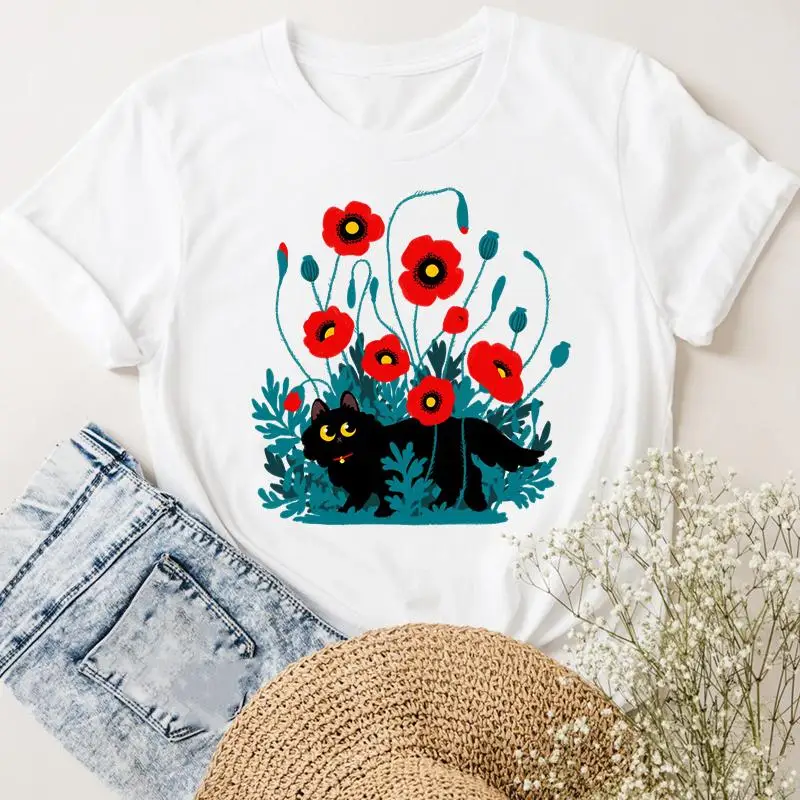 

Футболка женская повседневная, модный топ с коротким рукавом, с рисунком кошки, цветка, кота, новая милая трендовая одежда, футболки с графич...