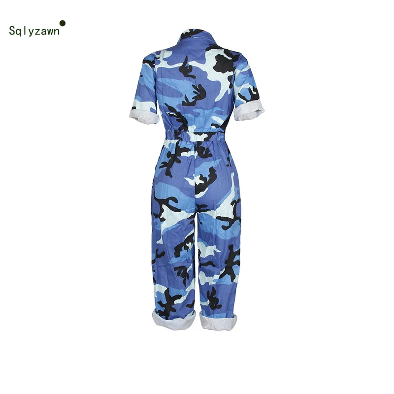Женский камуфляжный комбинезон Свободный Повседневный с коротким рукавом синий