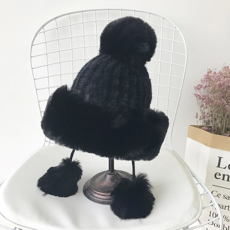Зимняя женская однотонная вязаная шапка Faxu Fox Pom с помпонами Skullies Beanies шапки