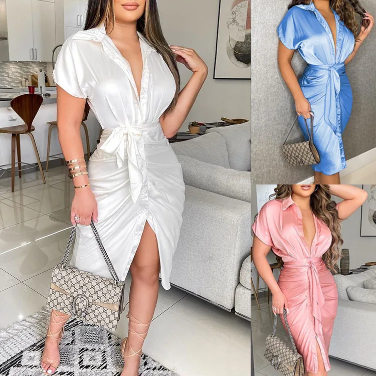 

Elegant Ladies Shirt Dress Autumn Fashion Turn-down Collar Party Clothes Woman Casual Button Belt Folds Long Dresses