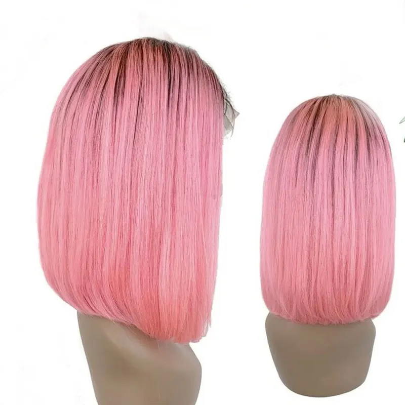 Ombre Pink Блондинка красный, розовый и Цветной 13X4 Синтетические волосы на кружеве парики из натуральных волос с Африканской структурой прямо Боб Короткие парики из натуральных волос с Африканской структурой, 613 Синтетические волосы на кружеве парик 150% плотность 9A м - Цвет: Ombre Pink