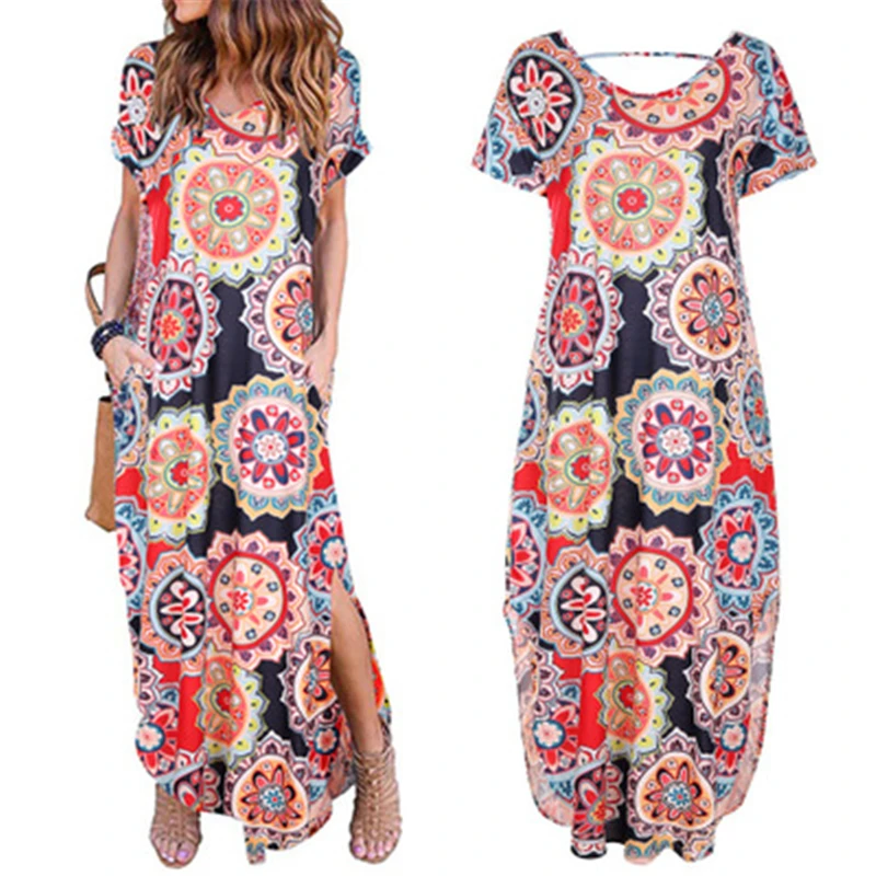 2019 Summer Women Robe Long Dress Casual Loose Floral Print Beach Holiday Boho Femme Large Size Sundress T577 | Женская одежда