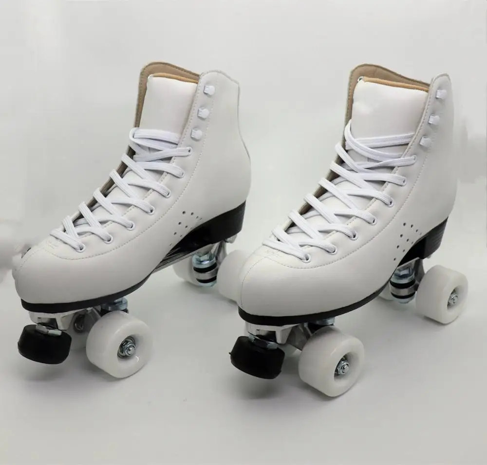 Womens White Double Line Skate Retro Quad Skate Unisex Cowhide Leather Patines 4 Wheel Skating Boots Outdoor Sport Gears