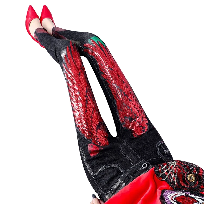 

European Wing Denim Jeans Pants Women Fall Winter Cloth Red Wings Sequined Cowboy Bronzing Skinny Plus Velvet Jeans Pants Femme