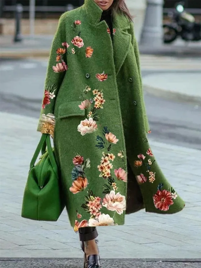 

green long woolen coat 2021 new fashion autumn/winter solid color temperament commuter beltless lapel loose-fitting woolen coat