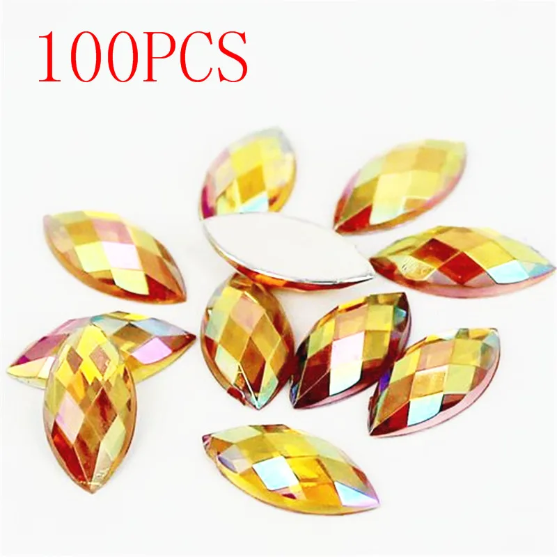 

Hot Sale 100Pieces Flat Back Marquise Earth Facets Crystal golden AB Acrylic Horse eye Shape Rhinestone nail Decorate Nail art