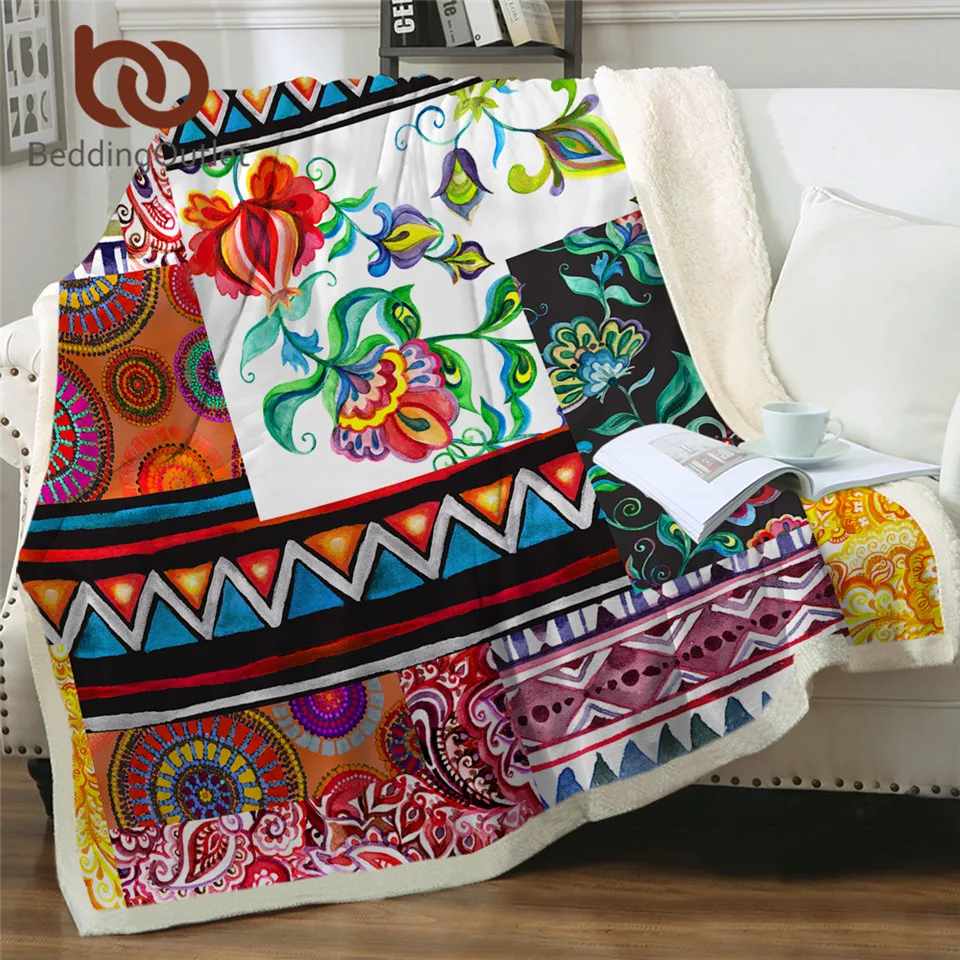 

BeddingOutlet Patchwork Pattern Blanket For Bed Watercolor Furry Blanket Geometric Stripes Plaid Sofa Ethnic Flower couverture