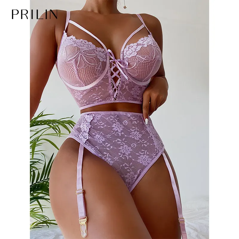 

PRILIN Women Sexy Lingerie Set Garters Front Lace-up Push Up Gather Bras Sex Briefs Erotic Temptation Floral Mesh Underwear