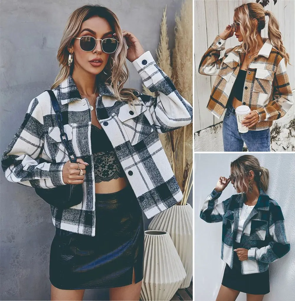 

2020 Winter Women's Plaid Jacket Casual Large Profile Lapel Short Jacket Women Thick Warm Wool Blend Top Streetwear Female