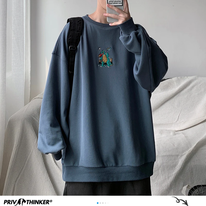 

Privathinker Men Autumn Dinosaur Embroidery Pullovers Sweatshirts Mens 3 Colors O-Neck Hoodies Male Fashion Korean Sweatshirt