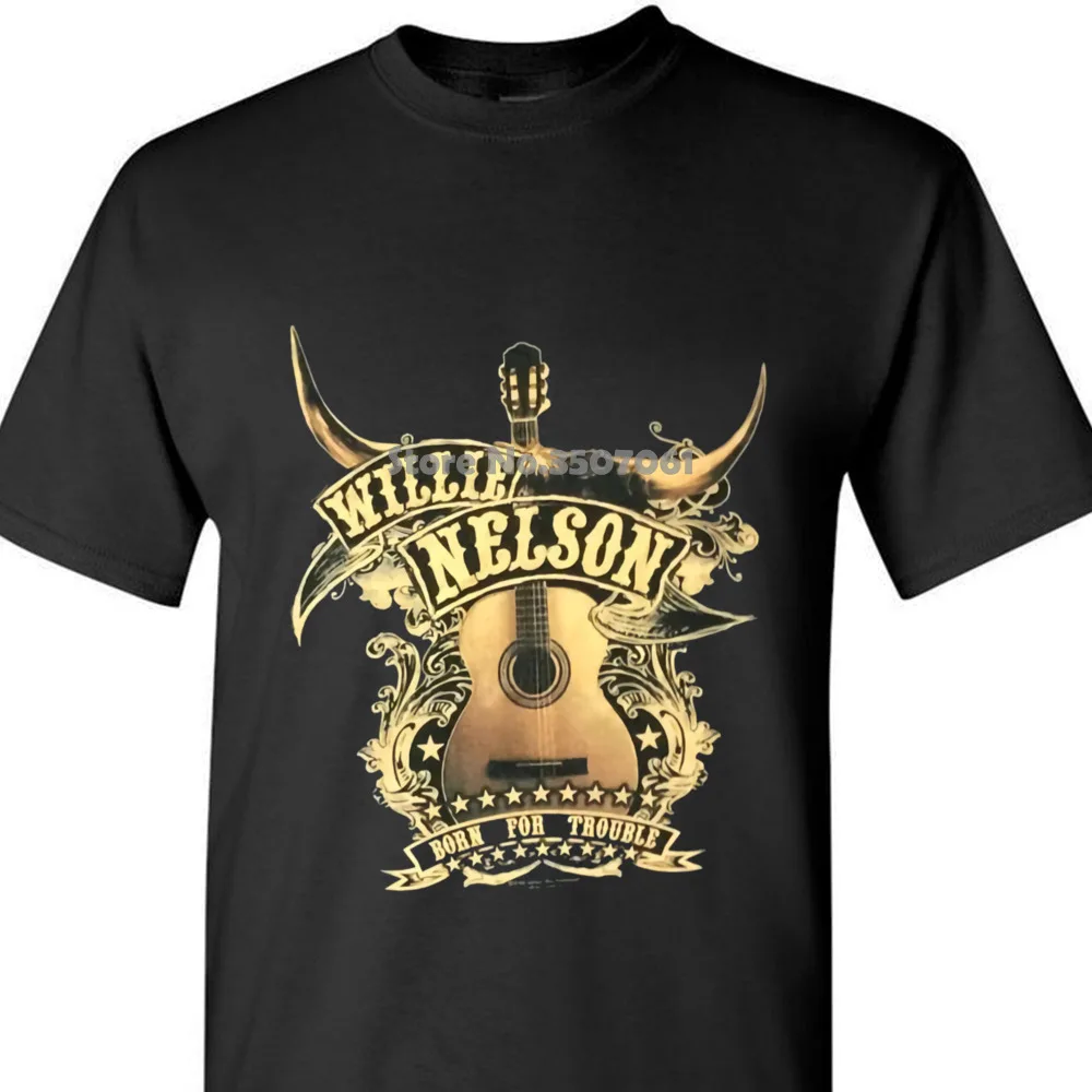 

100% Cotton Fashion T-shirts Willie Nelson Guitar Trigger Born For Trouble Black T Shirt New Official coat clothes tops