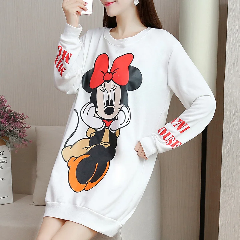New Disney Minnie Mouse Long Sleeve Dress Cartoon Print Womenswear Plus Size Femme Robes Casual Loose Women Short Vestidos | Женская