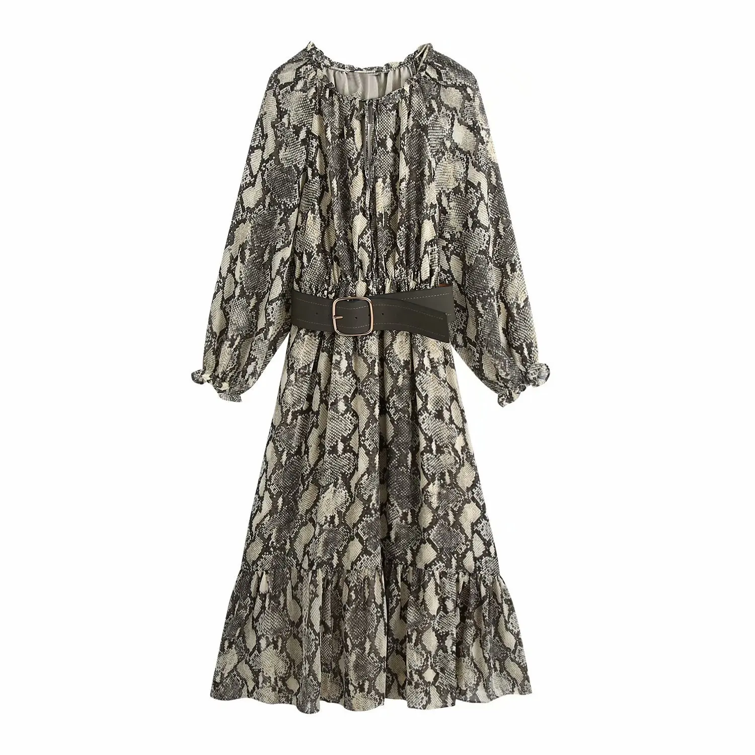 

Women 2020 Chic Fashion With Belt Snake Print Ruffled Midi Dress Vintage Long Sleeve Elastic Waist Female Dresses