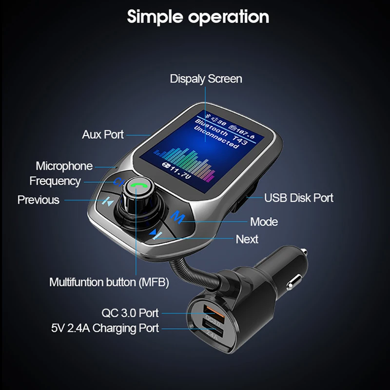 YAZH Car QC 3.1 Charger 12/24V Socket MP3 Player Bluetooth Cigarette Lighter Auto USB Charge Vehicle Hand-free Music | Автомобили и