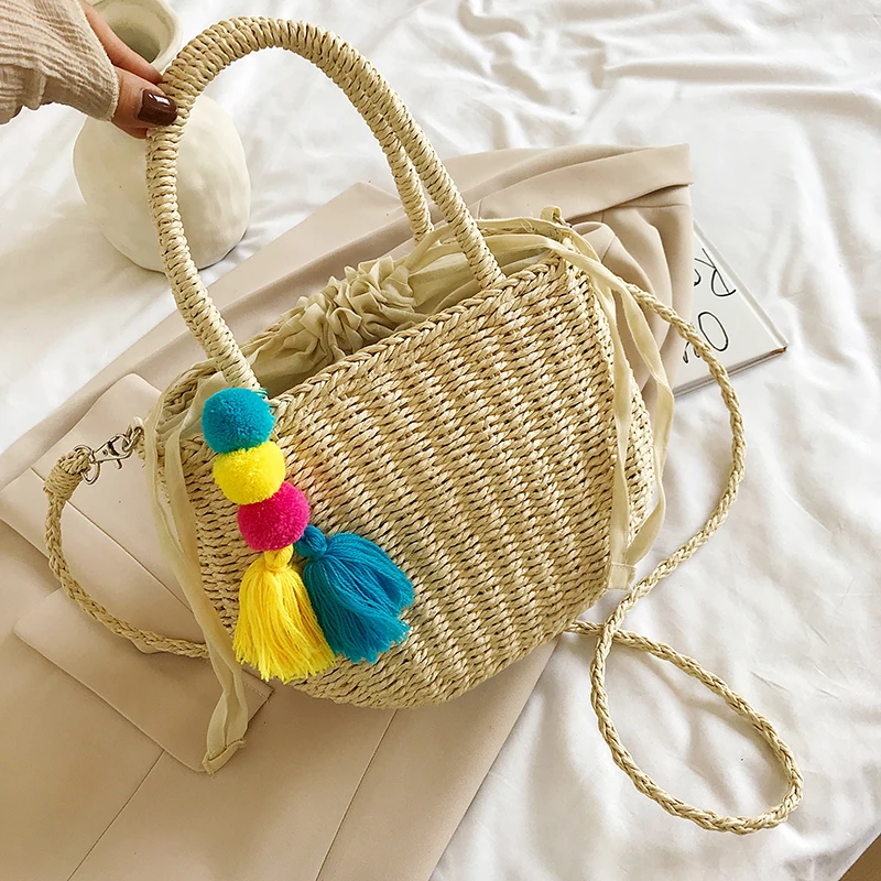 

Straw Weave Bucket Handbags Women's Rattan Manufacture Tote Bag Brand Shoulder Bag Summer Beach Female Crossbody Messenger Bags