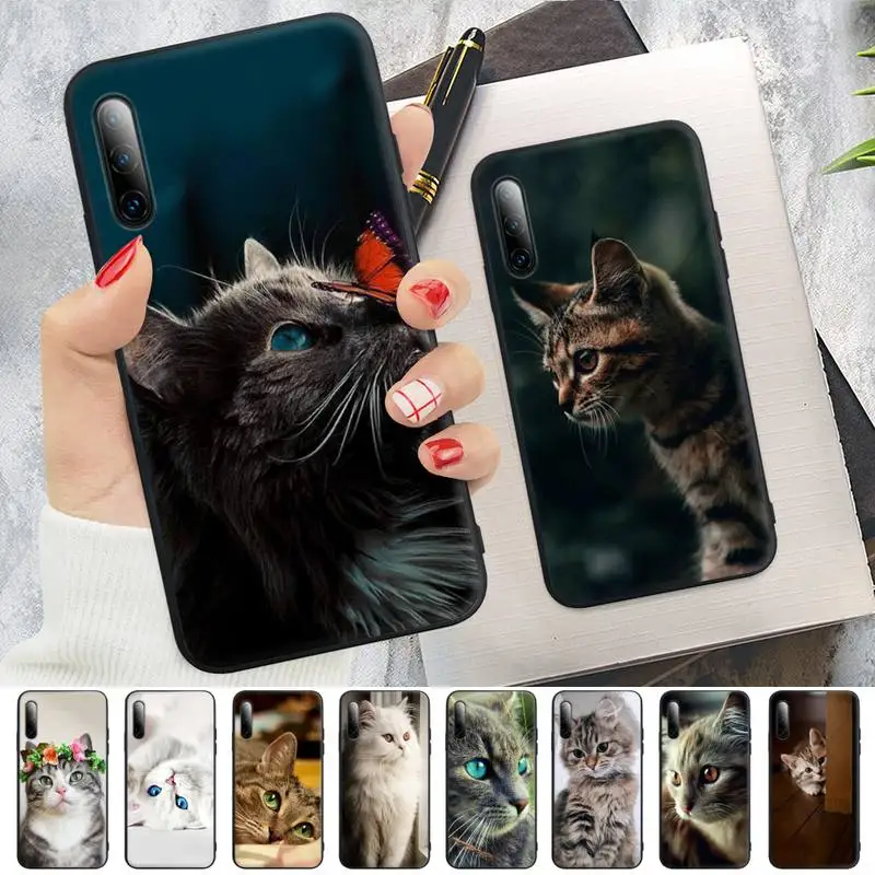 

Cute Animal Cat Black Rubber Cell Phone Case Cover For Huawei P9 P10 P20 P30 P40 Lite Pro P Smart 2019 2020