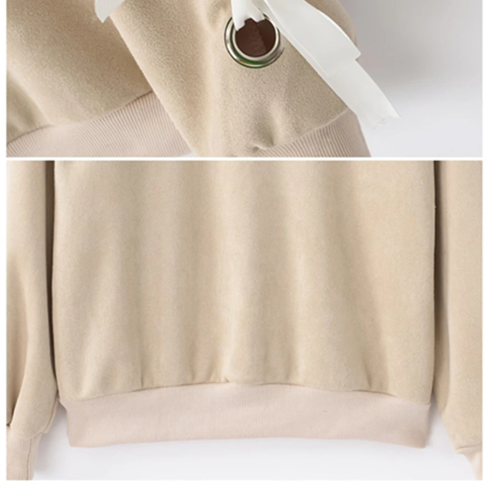 

Casual Raglan Sleeve O-Neck Suede Sweatshirts Women Lace Up Sleeve Pullovers With Elastic Cuff Korean Women Fashion Sweatshirt