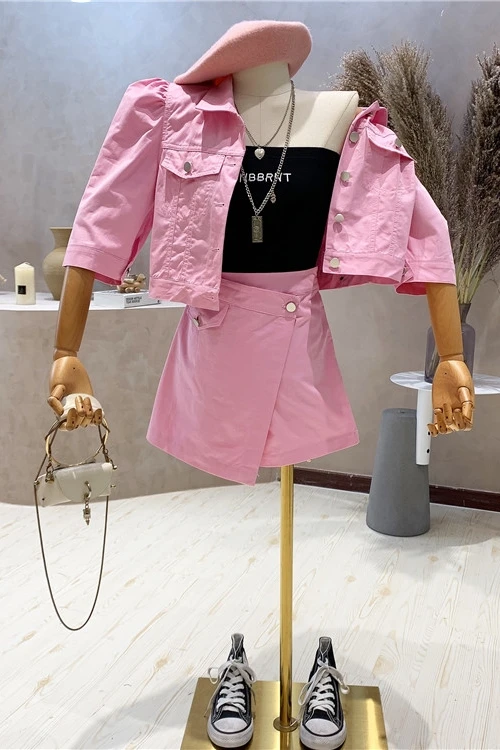 

Fashion Suit Women's 2021 Summer New Solid Color Buttons Lapel Short Tops High Waist Irregular Skirt Elegant Two-Piece Set