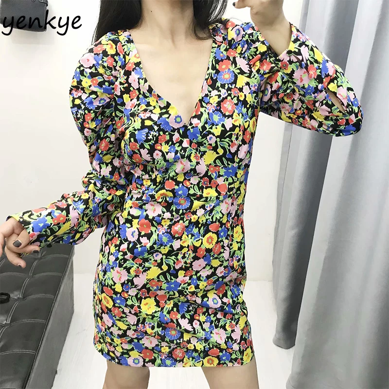 Лето 2019 женское Многоцветный цветочный принт платье с пышными рукавами и v