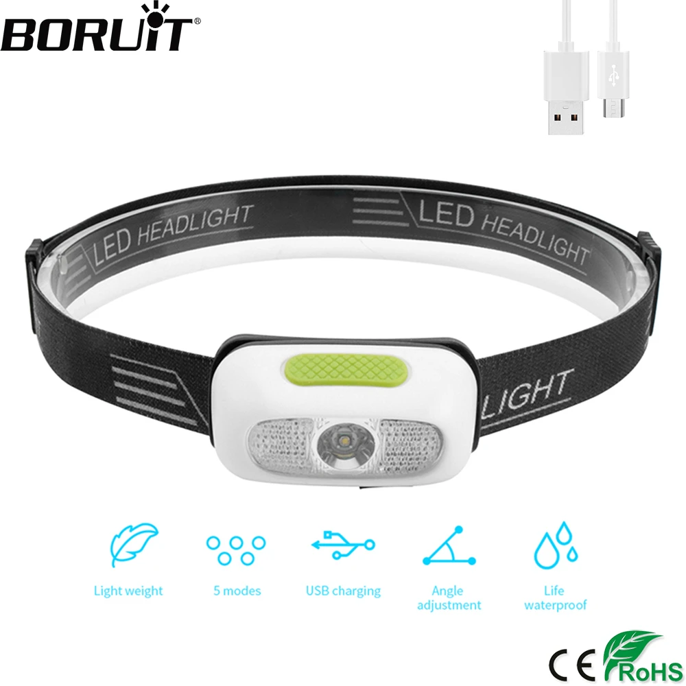 BORUiT B7 светодиодный налобный мини-фонарь высокого Мощность XPE светодиодный 500lm Фара 5-режим Перезаряжаемые Головной фонарь Waterprrof кемпинг фонарь