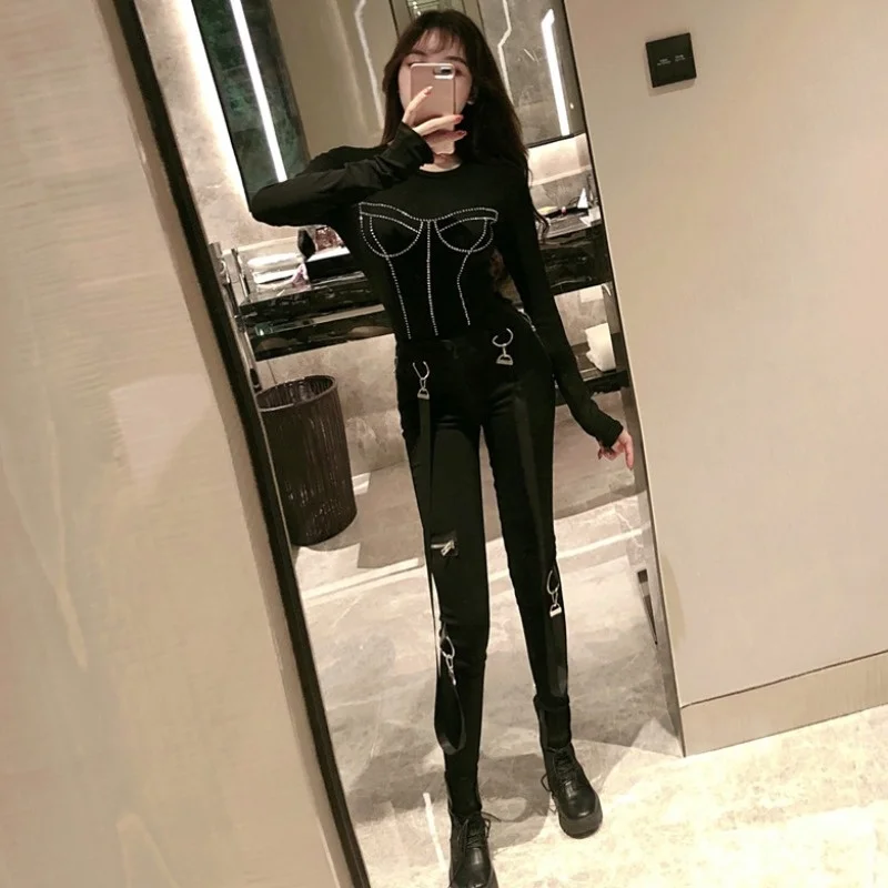 Весенняя модная дизайнерская Стразы с длинным рукавом облегающая Сексуальная