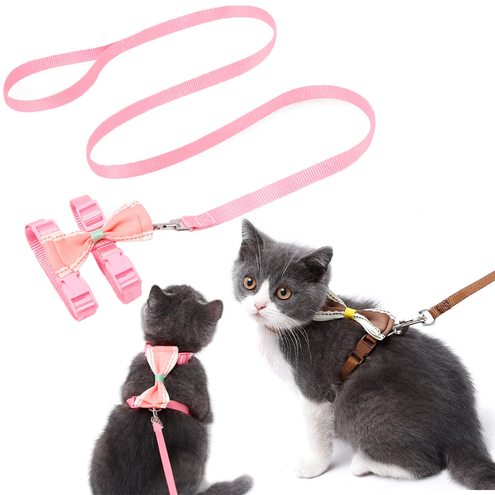 

New Cat Traction Rope Necklace Collar I-Shaped Vest Anti Break Pet Supplies Nylon Kitten Chest Band 125cm Pink Blue Gray Khaki