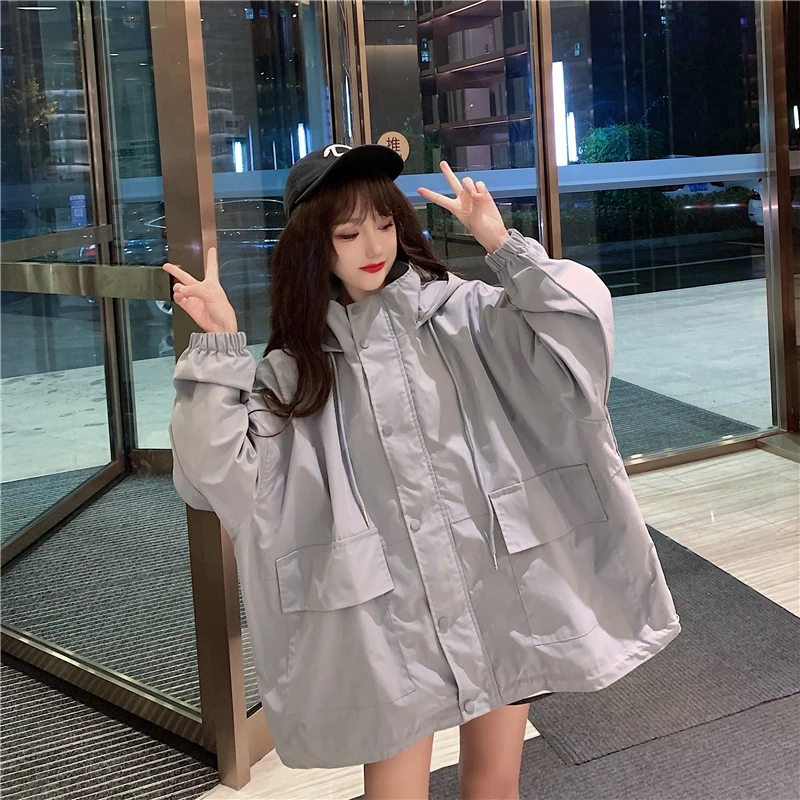 

2021 new spring and autumn pure color tide loose casual western style hooded tooling long-sleeved windbreaker jacket women