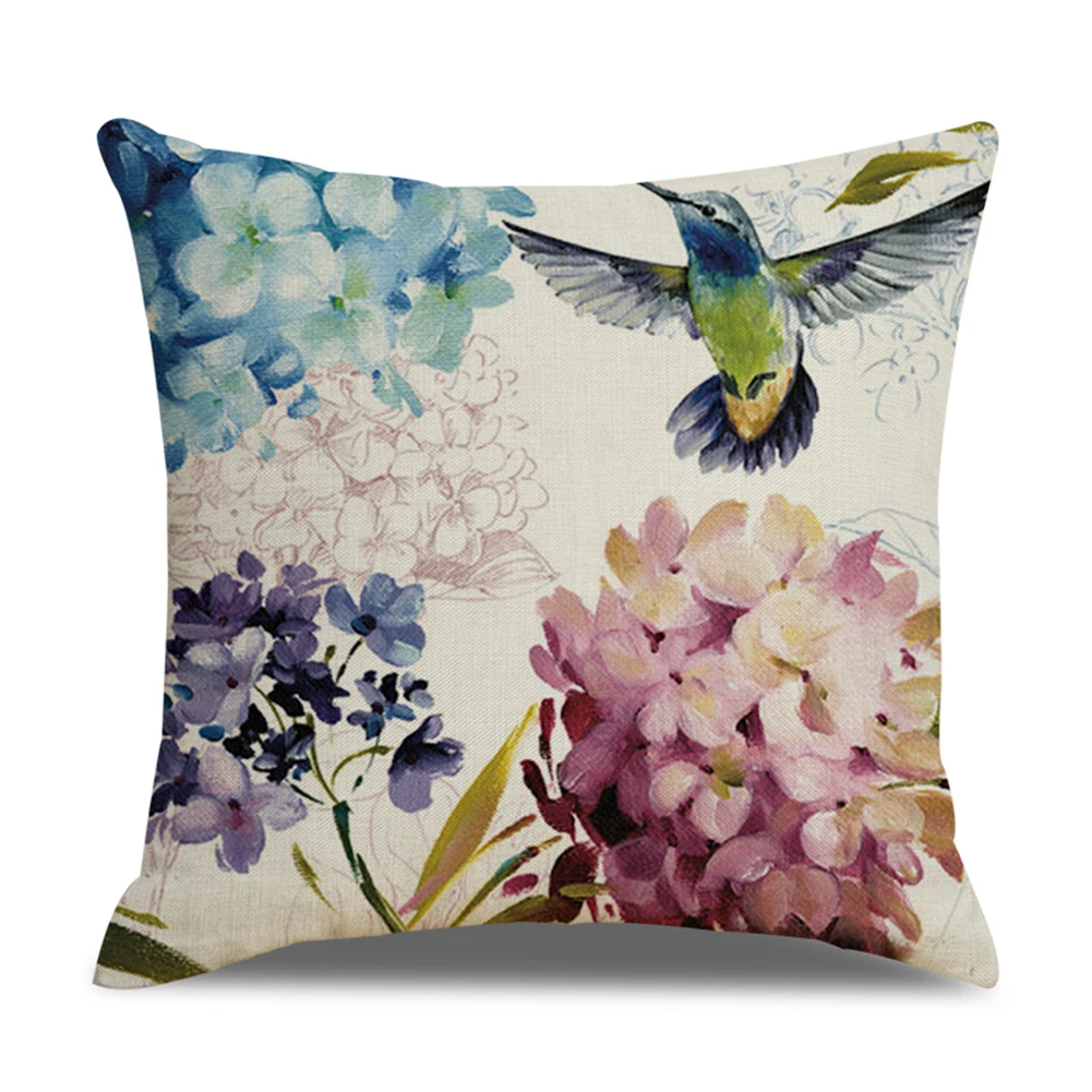 45x45 см Название товара: Колибри цветочный узор Подушка Чехол для подушки льняная