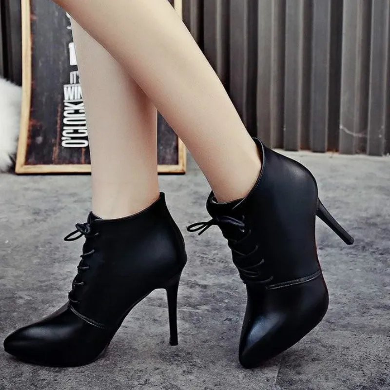 

2020 New Women's High Heels boots Pu Shoes woman Pointed Toe Solid Color Lace up fashion Women's Winter boots Size 35-39