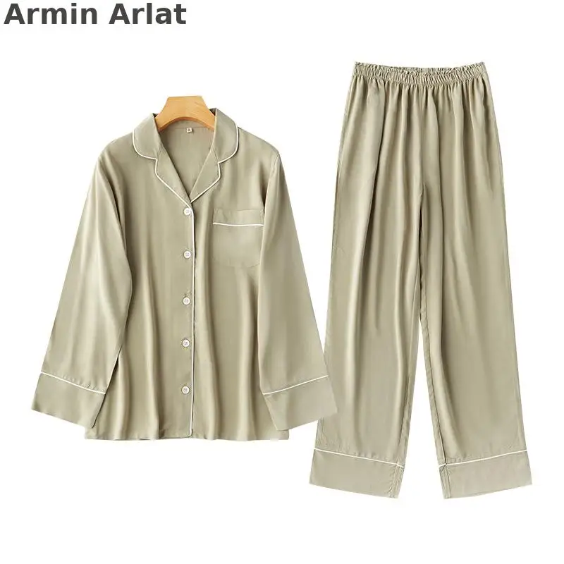 

Armin Arlat Spring Autumn Sleepwear Sets Women Long Sleeve Pyjama Solid Pijama Solid Homewear Femme Satin Silk Night Suit 2PCS