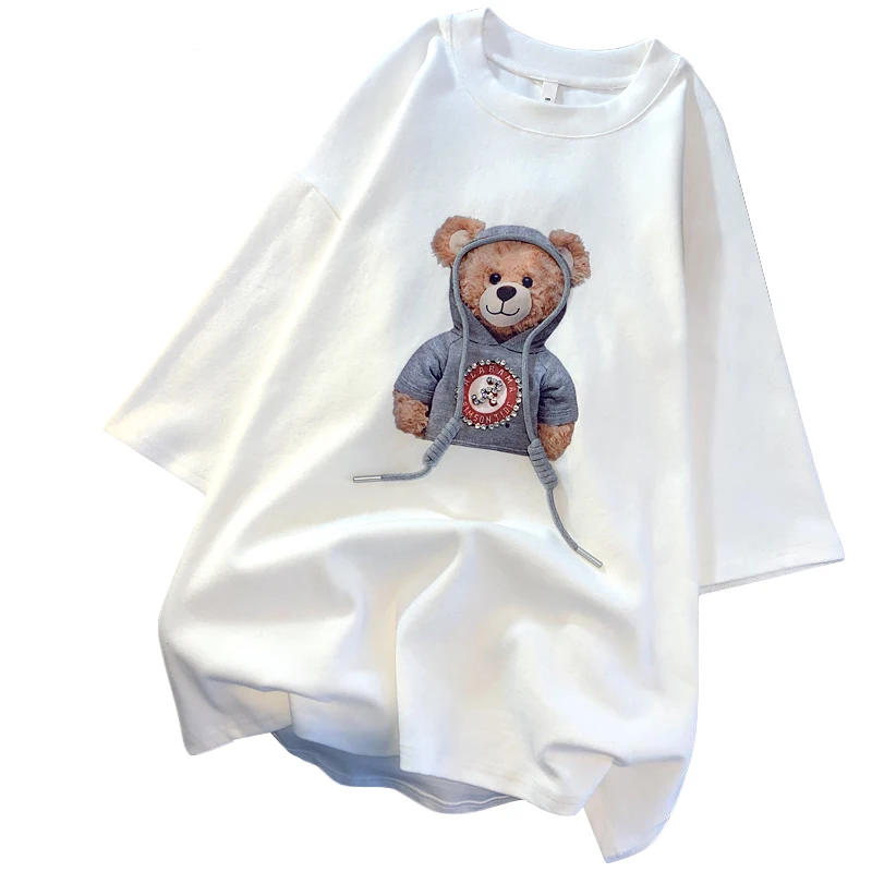 

European Large Size Women's T-shirt spring/summer 2021 New Print Bear Short Sleeve Loose Popular Logo White Top