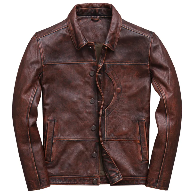Vintage Brown Винтажный Коричневый Мужской умный Повседневный Кожаный Пиджак однобортный размера плюс XXXL из натуральной воловьей кожи русская куртка - Цвет: Vintage Brown