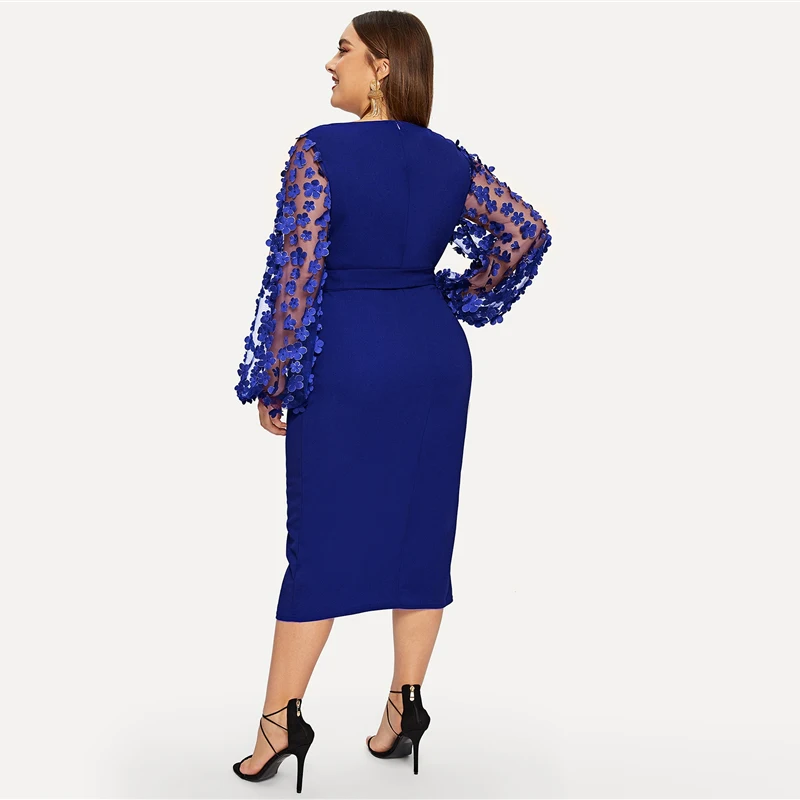 SHEIN Размера Плюс Платье Карандаш С Поясом Сетчатым Рукавом И 3D Вставкой Женские Романтические Элегантные Платья с Высокой Талией