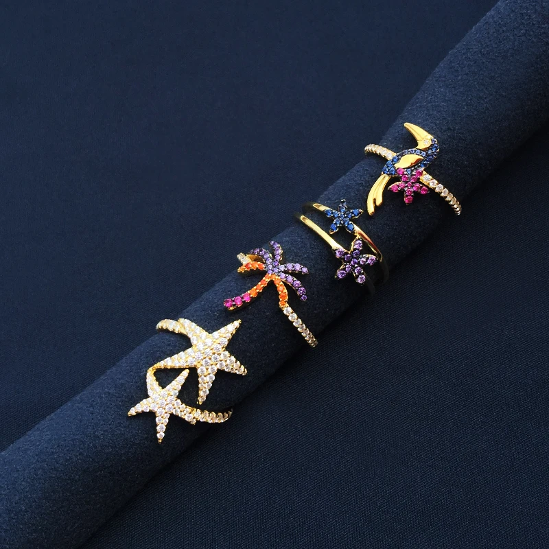 

cheny 925 sterling silver June new golden yellow colorful coconut tree starfish flower bird ring female classic style